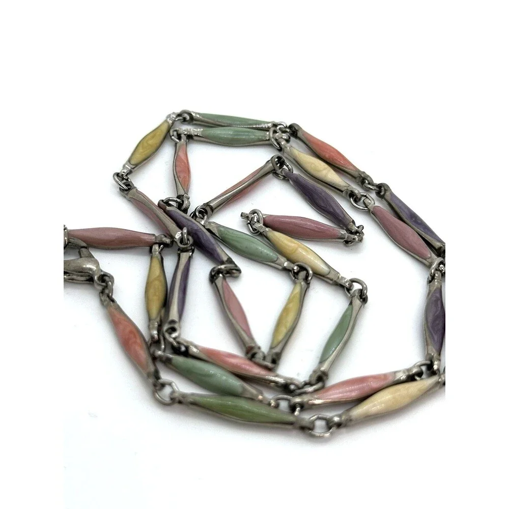 Vintage Pastel Enamel Link Necklace Gold Tone Green Yellow Purple Pink